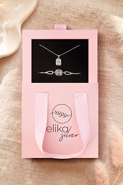 Elika Silver 925 Ayar Gümüş Zirkon Taşlı Baget Model Kolye ve Bileklik Seti- ...