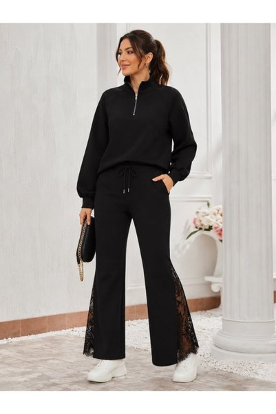 Generic Brand Women's long sleeve zip-up mock neck diving blouse and lace-tri...