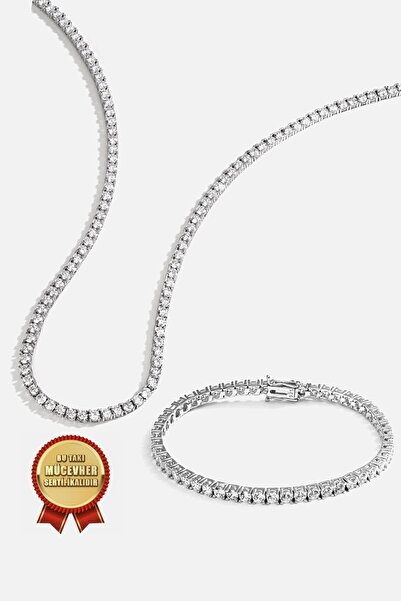 MEKS JEWELS 925 Ayar Gümüş Zirkon Taşlı Beyaz Altın Kaplama 4mm Su Yolu Set