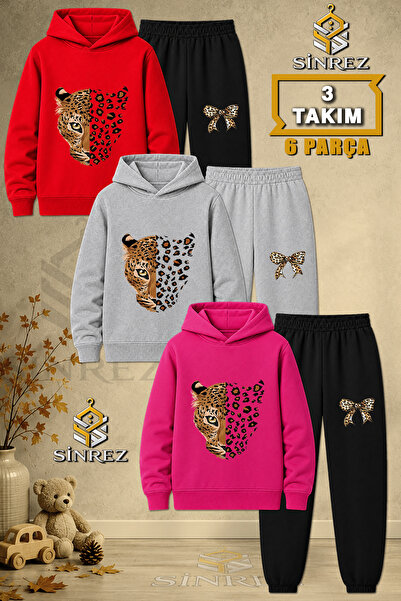 SİNREZ Children's Unisex 3Lu Set Leopard Head Pattern Printed Hooded Tracksui...