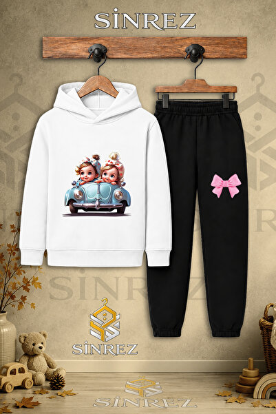 SİNREZ Children's Unisex Single Cute Double Girl Printed Hooded Tracksuit Set...