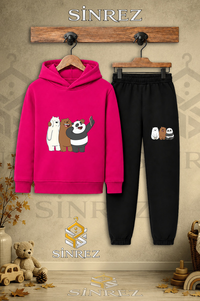 SİNREZ Children's Unisex Single Panda Selfie Printed Hooded Tracksuit Set