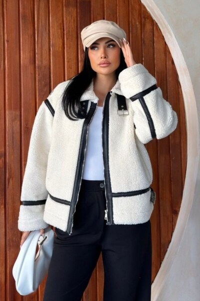 AKD Atelier Women's Plush Jacket Short Zipper Double Pockets Belted Waist and...
