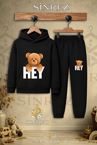 SİNREZ Children's Unisex Single Bear Printed Hooded Tracksuit Set with Hey Wr...