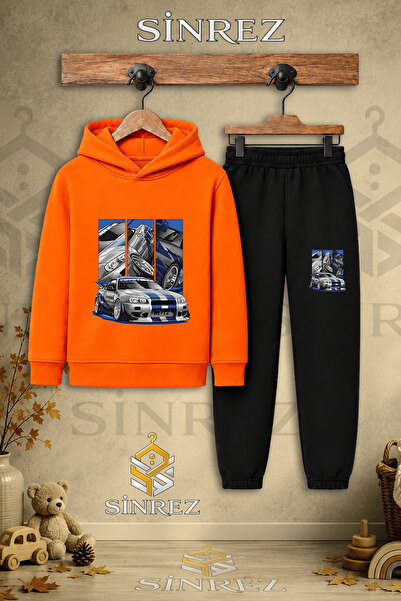 SİNREZ Children's Unisex Single Car Mavigri Square Multi-Printed Hooded Track...