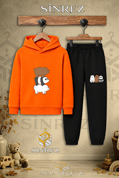 SİNREZ Children's Unisex Single Panda Back-To-Back Printed Hooded Tracksuit Set