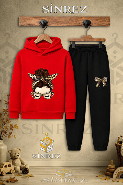 SİNREZ Children's Unisex Single-Piece Girls' Leopard Ribbon Printed Hooded Tr...