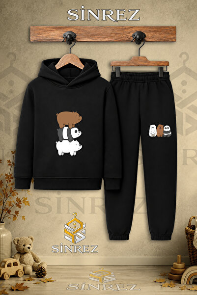 SİNREZ Children's Unisex Single Panda Back-To-Back Printed Hooded Tracksuit Set