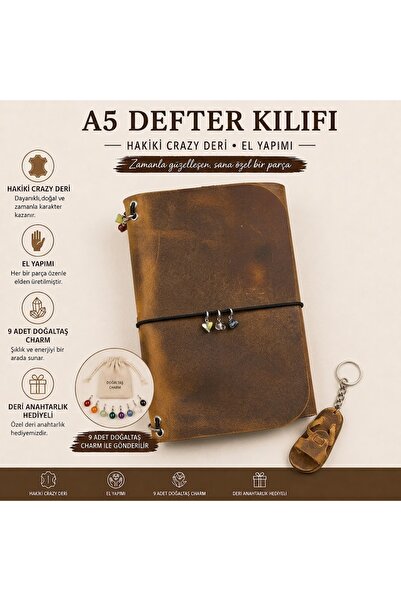 Aura Series – Hakiki Crazy Deri El Yapımı A5 Defter Kabı Kılıfı – İçe Katlanan Model - Doğaltaş Charm ve Deri Anahtarlık Hediyeli