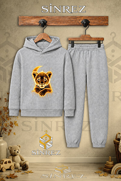 SİNREZ Children's Unisex Single Little Lion Shining Printed Hooded Tracksuit Set