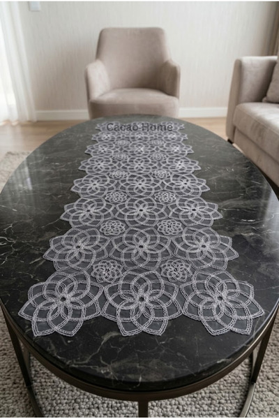 cacao home Fransız Dantelli Örme Tabanlı Tek Runner Masa Örtüsü 35x110 Cm Mas...