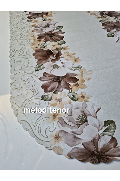 MİRELLA Lined Pastel Brown Cream Floral Pathed American Service Runner Patter...