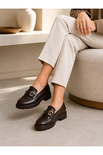 ZenoraShoes Zenora Shoes Kadın Tokalı Loafer Makosen Kahve Kalın Tabanlı Ayak...