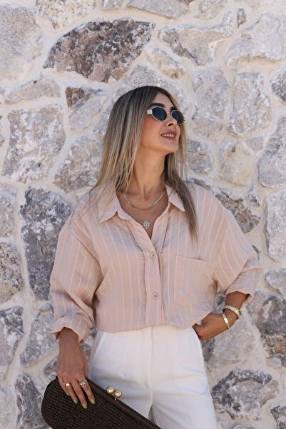 bytugcekaya Μπεζ ριγέ πουκάμισο από βισκόζη σε κανονικό μέγεθος