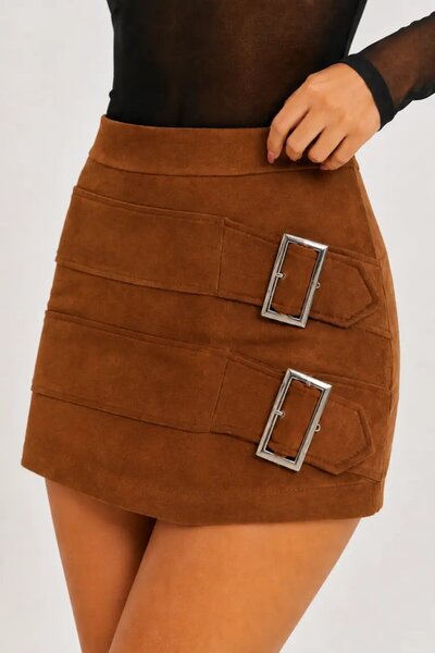Cool & Sexy Kadın Süet Görünümlü Toka Detaylı Yüksek Bel Mini Etek