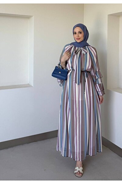 Olbia Women's Beige Striped Long Chiffon Dress with Tie Detail and Flared Sle...
