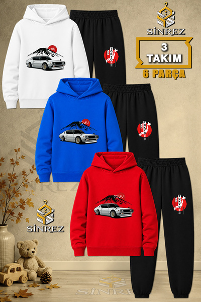 SİNREZ Children's Unisex 3Lu Set Tky Car Gray Mountain Printed Hooded Tracksu...
