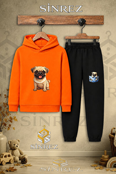SİNREZ Children's Unisex Single-Piece Pug Dog Printed Hooded Tracksuit Set