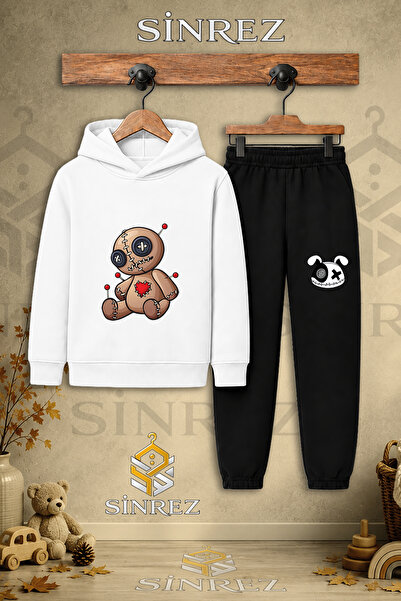 SİNREZ Children's Unisex Single Teddy Bear Patched Brown Printed Hooded Track...