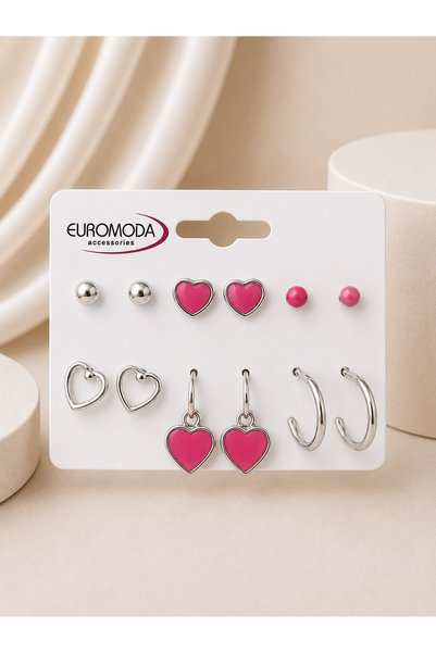 EUROMODA Pembe Kalp Detaylı 6'lı Küpe Seti
