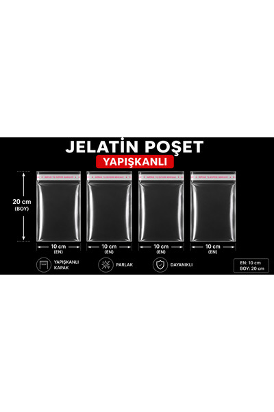 ADAPAK 100 adet 10x20 bantlı Yapışkanlı Şeffaf jelatin Poşet