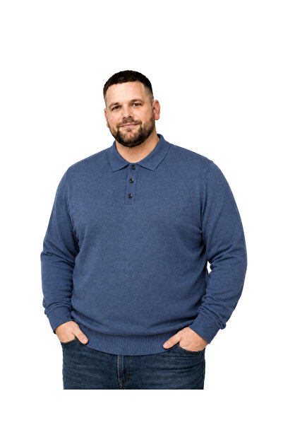BattalModa Men's Large Size Indigo Buttoned Polo Collar Knitwear Sweater 3Xl-...