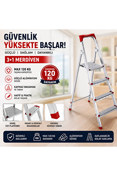 VİOLENT Merdiven 3+1 Max 120 Kg Dayanım Güçlü Alüminyum Gövde Kaymaz Taban