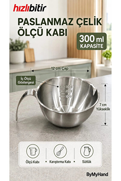 ByMyHand Paslanmaz Çelik Ölçü Kabı Karıştırma Kabı Sütlük Süt Potu 300 Ml