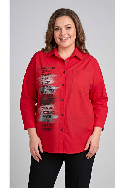 MAXLEVEL MODA Women's Red Plus Size Letter Printed Long Sleeve Shirt