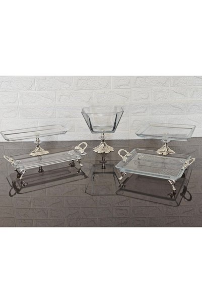 atabey home 5 Parça Gümüş Semerkand Ayaklı ve Kulplu Sunumluk & Çeyiz Set |Pasta–Kurabiye–Tatlı–Servis Tabağı-Kase