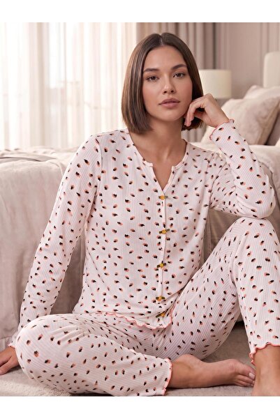 cotonhause Women's Long Sleeve Camisole V-Neck Ecru Pajama Set C2T1N807