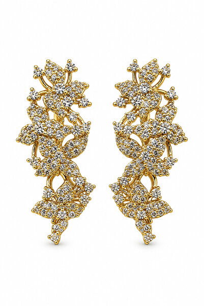 Stelle Jewelry Gold Color Zircon Stone Flower Patterned Women's Earrings 3 cm...