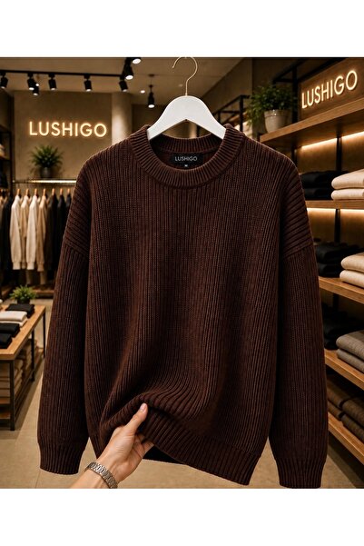 LUSHİGO Men's Premium Oversize Soft Crew Neck Knit Sweater Lshg-0371