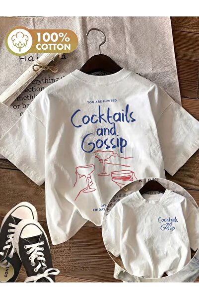 AEMİ Unisex Cocktails and Gossip Printed Oversize Crew Neck T-Shirt