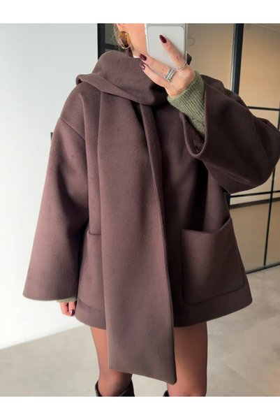 SHILSEE BEUTİQUE Premium Oversize Checked Jacket with Shawl Detail in Brown
