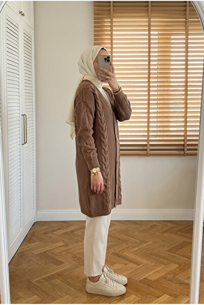 Kirazca Butik Women's Twisted Knit Detailed Buttoned Long Knitwear Cardigan H...