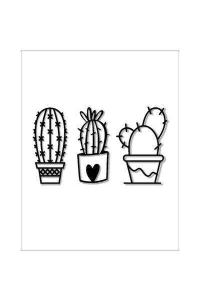 OEM Decor de perete, MDF, Cactus în vază-2, 3 buc, 50cmX80cm, Negru