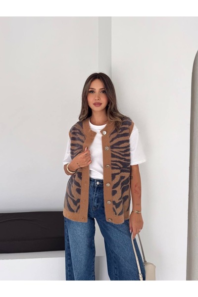D LAVELLA Kadın Angora Sakal Desenli Triko Yelek Düğmeli Oversize Örme Yelek ...