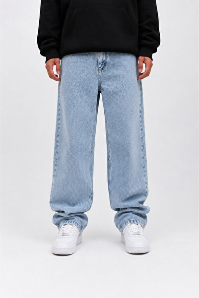Erkek Buz Mavi Baggy Oversize geniş Paça Jean kot Pantolon