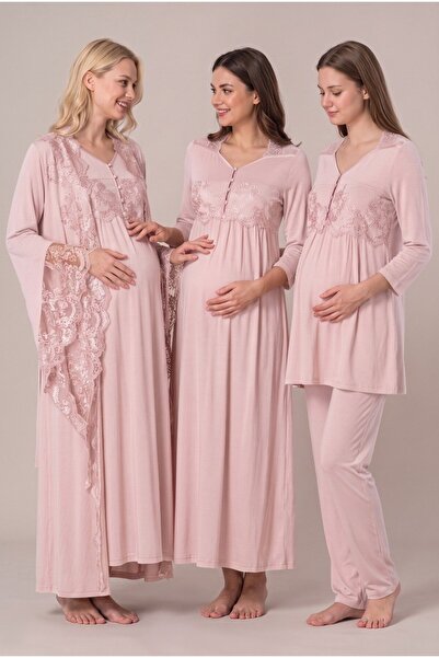 Pelin Kadın Pudra Dantelli Uzun Kol Emzirme Detaylı Sabahlıklı Lohusa Hamile ...