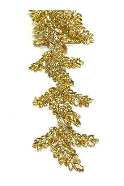 karantuhafiye Ütü İle Yapışan Taşlı Şerit / 50 Cm / Gold /Yaprak Model / Kristal Taşlı