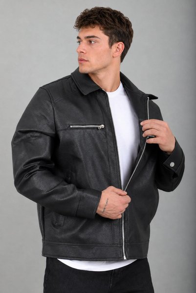 ByTrend Faux Leather Coat with Collar and Chest Pockets Kmd 879_50521-1