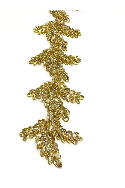 karantuhafiye Ütü İle Yapışan Taşlı Şerit / 50 Cm / Gold /Yaprak Model / Kristal Taşlı