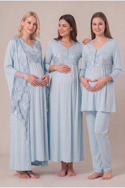 Pelin Women's Blue Lace Long Sleeve Nursing Detailed Maternity Pajama Nightgown Set with Dressing Gown