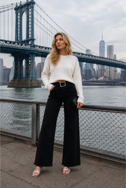 Swet Shop Jeans Women's High Waist Faded Effect Vintage Belted, Waist Tassel Leg Tassel with Lycra Palazzo Jean