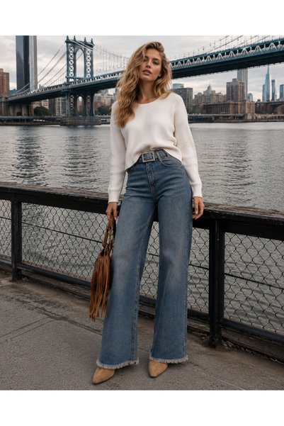 Swet Shop Jeans Women's High Waist Faded Effect Vintage Belted, Waist Tassel Leg Tassel with Lycra Palazzo Jean