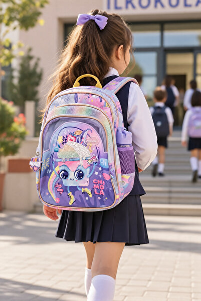 DODOMAR School Backpack Cupcake Purple 3 Compartments Orthopedic Water Bottle...