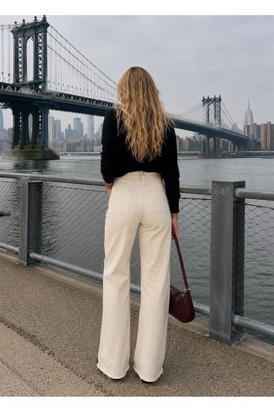 Swet Shop Jeans Women's High Waist Faded Effect Vintage Belted, Waist Tassel Leg Tassel with Lycra Palazzo Jean