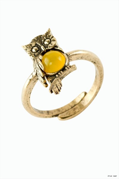 ZERO LAND Ilkestor Owl Authentic Ring with Natural Stone (204021) Yellow Agate