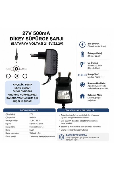 TEM 27V 500mA Dikey Süpürge Şarj Adaptörü | 5.5x2.5 mm Uç | Arçelik Onvo Grun...
